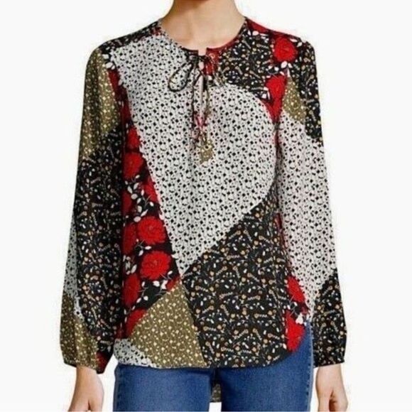 Libby Edelman Mixed Patchwork Floral Lace Up Front Long Sleeve Blouse Size Large - Picture 10 of 10